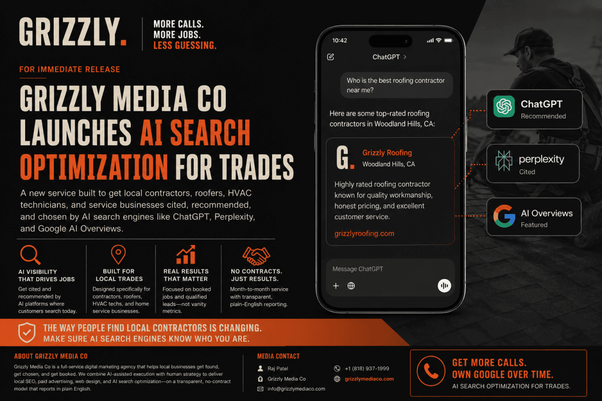 Grizzly Media Co Launches AI Search Optimization Service to Help Trades Get Cited by AI Platforms